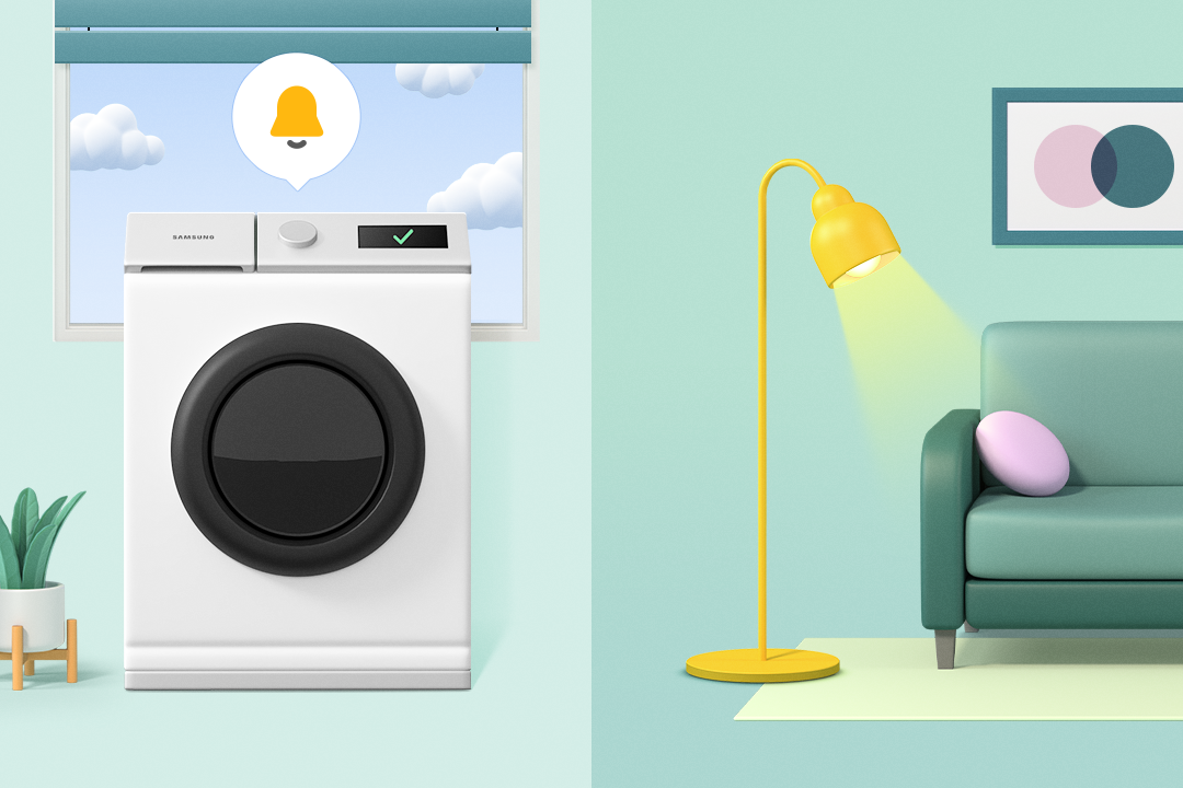 세탁기에서 세탁이 완료되자 거실의 조명 색이 변하는 모습