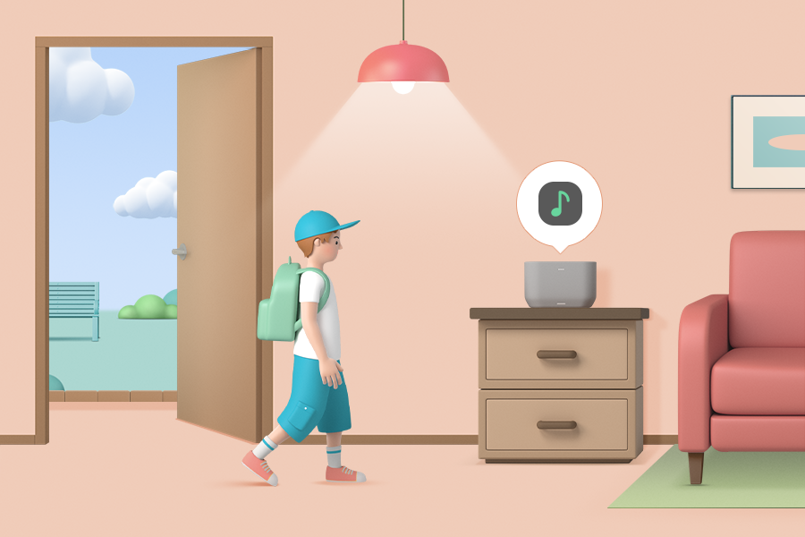 아이가 귀가하면 거실 조명이 켜지고 웰컴 멘트가 나오는 스피커