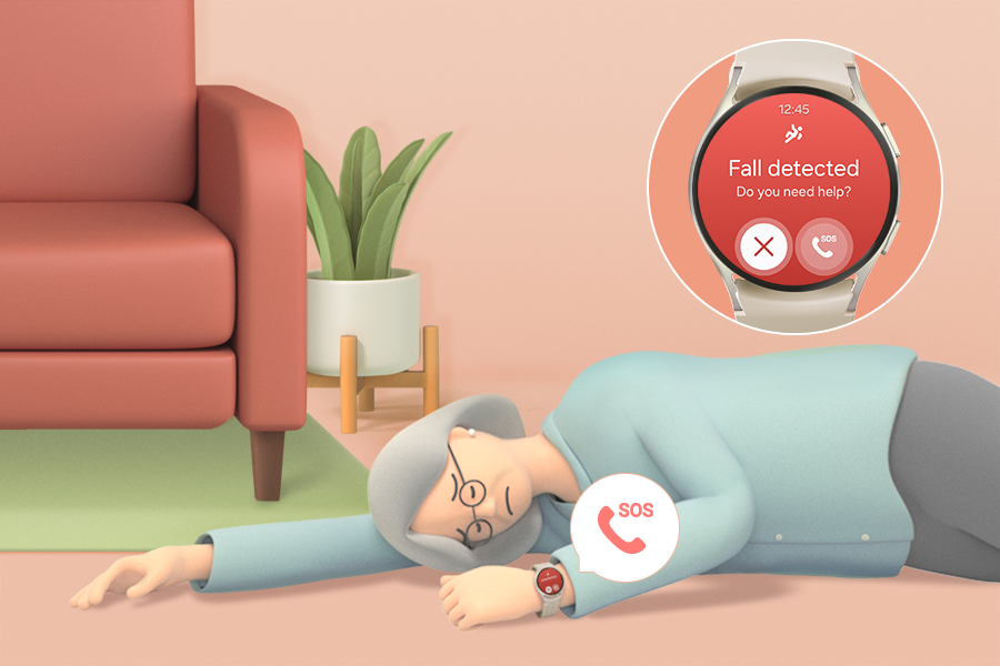 집 안에서 쓰러진 여성과 이를 스마트 워치가 인지하여 긴급 모드가 활성화된 모습