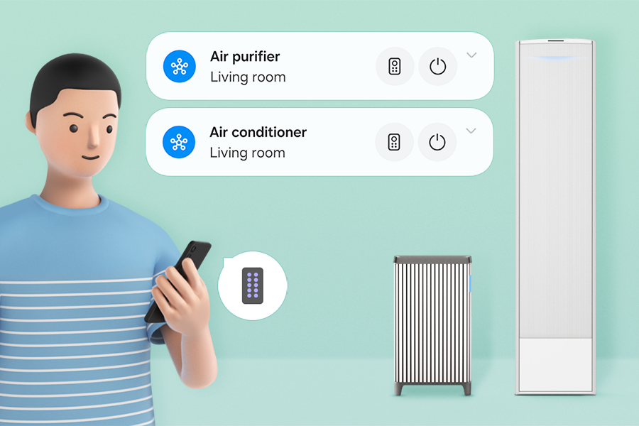공기 청정기와 에어컨의 리모컨으로 활용되는 갤럭시 핸드폰