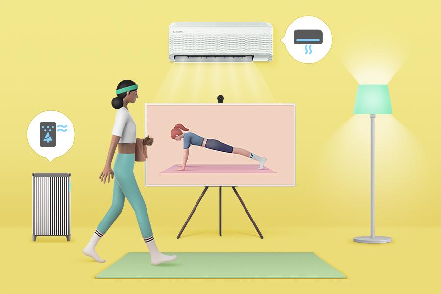 운동 시작 전 집중 모드로 자동 세팅되는 TV, 조명, 공기청정기, 에어컨