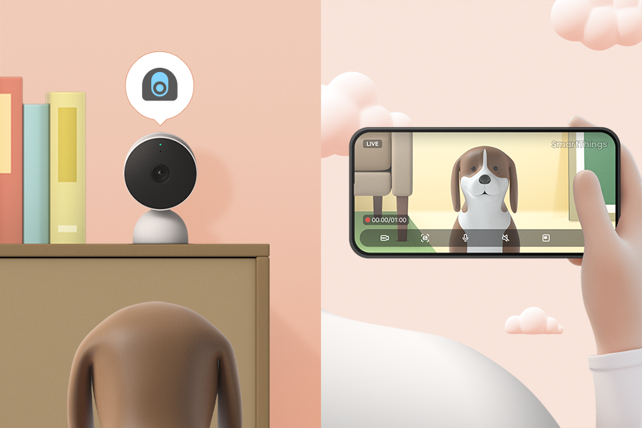 홈 카메라로 집 안의 강아지를 확인할 수 있는 스마트폰