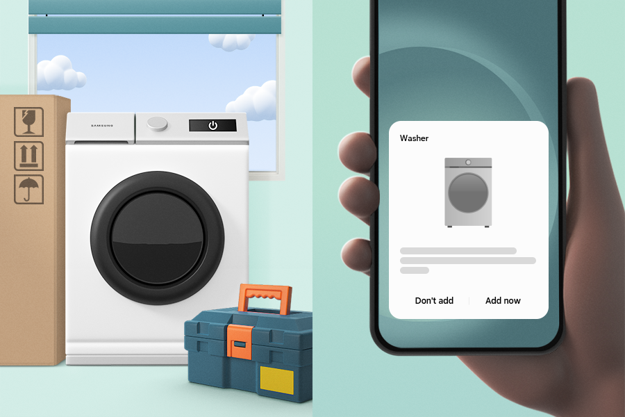 새 세탁기를 스마트싱스 팝업을 통해 등록하는 모습