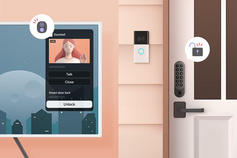 누군가의 방문에 TV 화면에 뜬 도어벨 화면과 
원격으로 문을 여는 장면