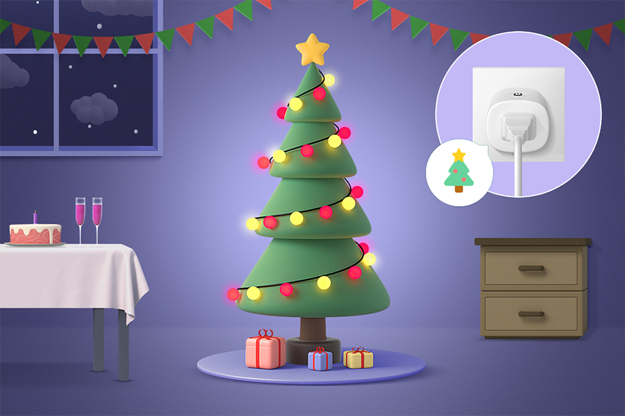 밤이 되어 방 안의 조명이 꺼지고 크리스마스 트리의 전구만 빛나는 모습