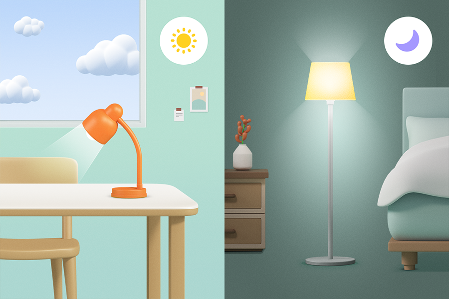 낮에 밝은 빛을 내는 식탁 위 조명과 밤에 은은한 빛을 내는 침대 옆 스탠드 조명