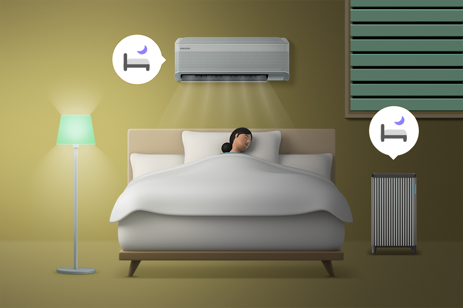 침실에서 숙면 중인 여자와 온도와 습도를 조절하는 에어컨과 공기청정기