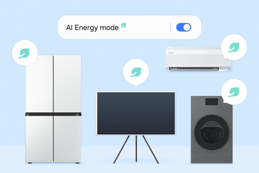 AI 절약 모드가 실행되고 에너지가 절약되는 냉장고, 식기세척기, 세탁기, 건조기, 에어컨