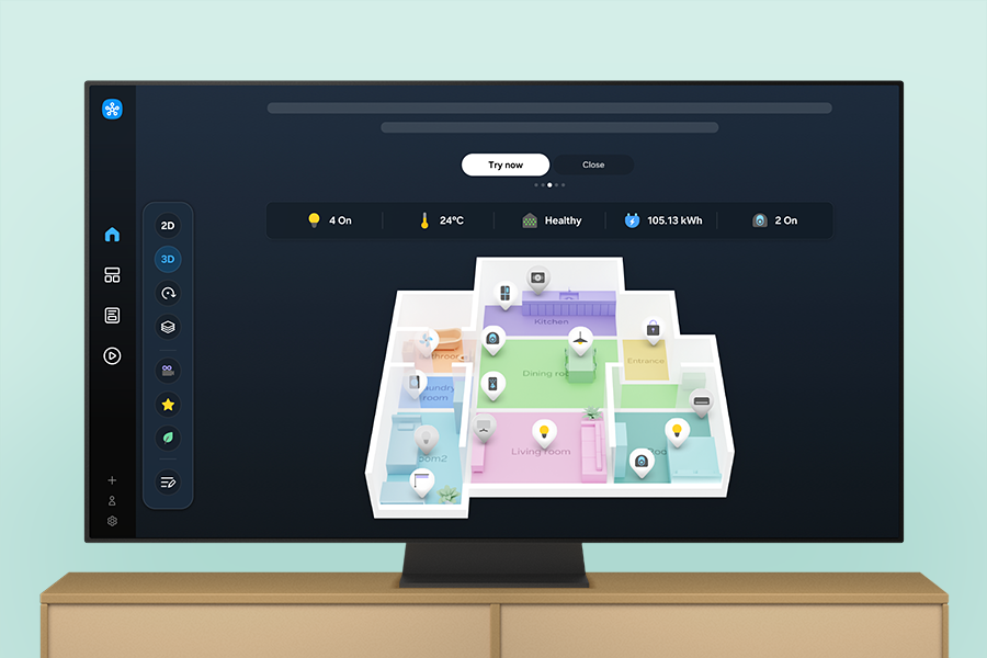 TV로 맵뷰를 보며 각 방의 기기를 제어하고 에너지 사용량을 확인하는 모습
