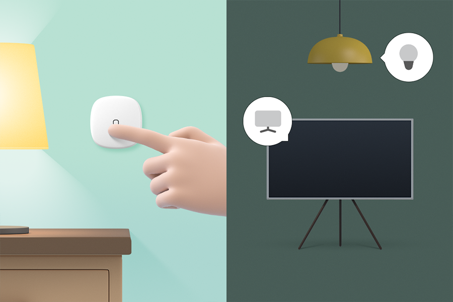 벽에 붙은 스마트 버튼을 누르자 조명과 TV가 한번에 꺼지는 모습