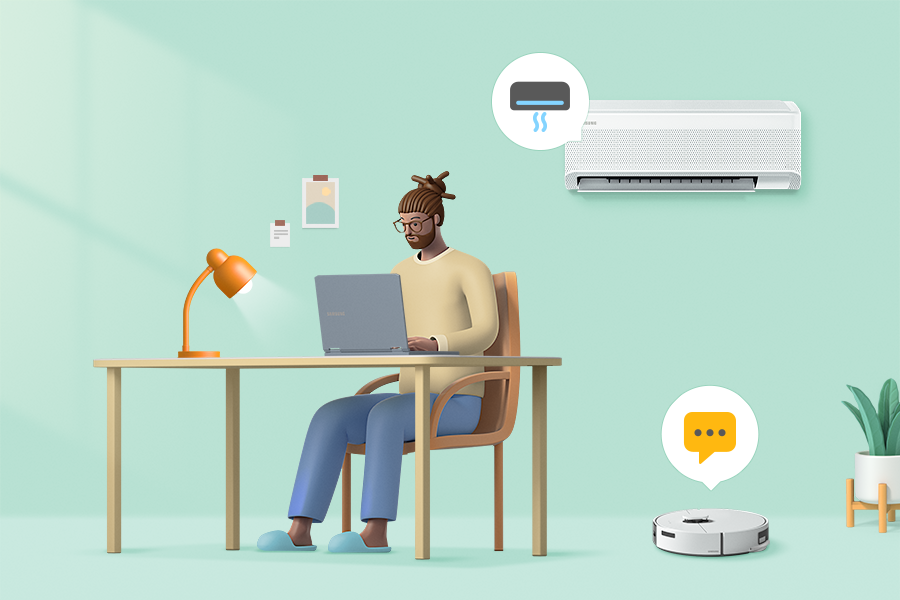 재택근무를 하는 남자와 무풍모드와 음소거로 바뀐 에어컨과 청소기